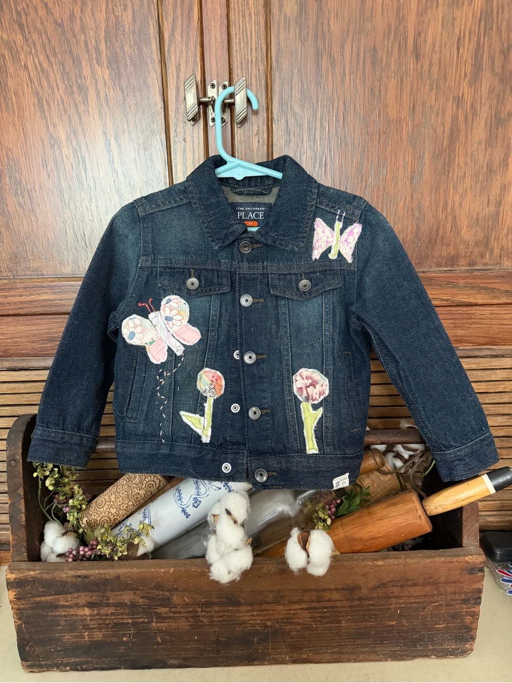 The Children's Place Dark Denim Jacket with handmade Butterfly & Floral Patches